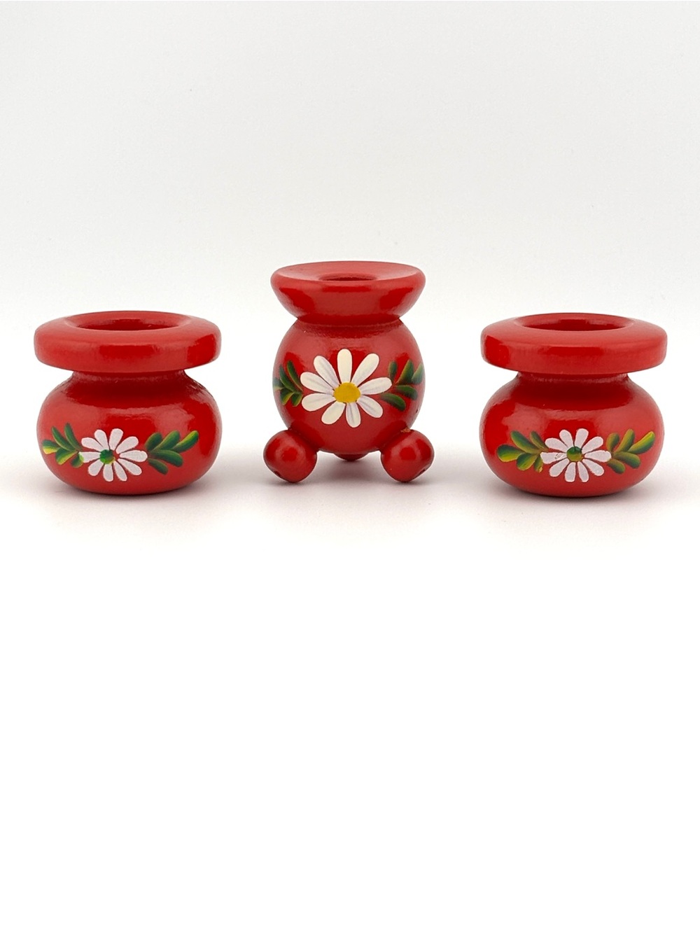 Vintage Trio Of Red Hand-Painted Swedish Folk Art Candle Holders